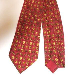 ❤️HERMES Silk Neck Tie 7724 OA Red / Tan Fall Leaves Changing Postage Stamp Grid